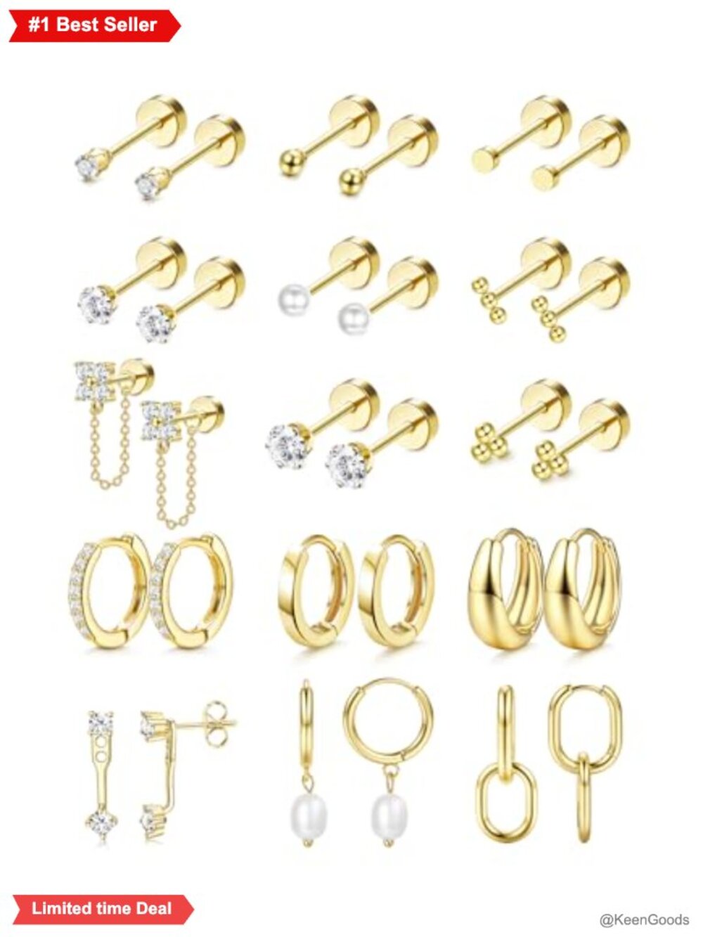 14K Gold Plated Flat Back Earrings Hypoallergenic Surgical Steel Cartilage Stud